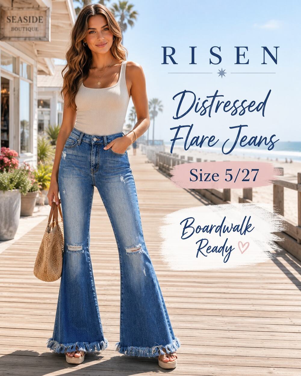Risen Jeans 5/27 Distressed Flare Raw Hem Medium Wash Denim